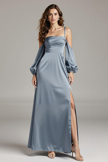 Cold Shoulder Steel Grey A Line Long Evening Dress